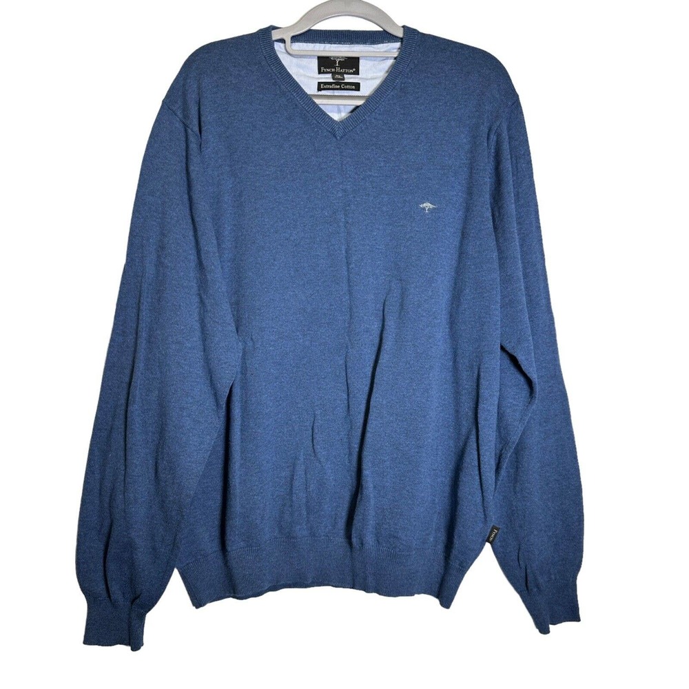Fynch-Hatton Sweater Men's Size XL Extra-fine Cotton Blue Long Sleeves V Neck